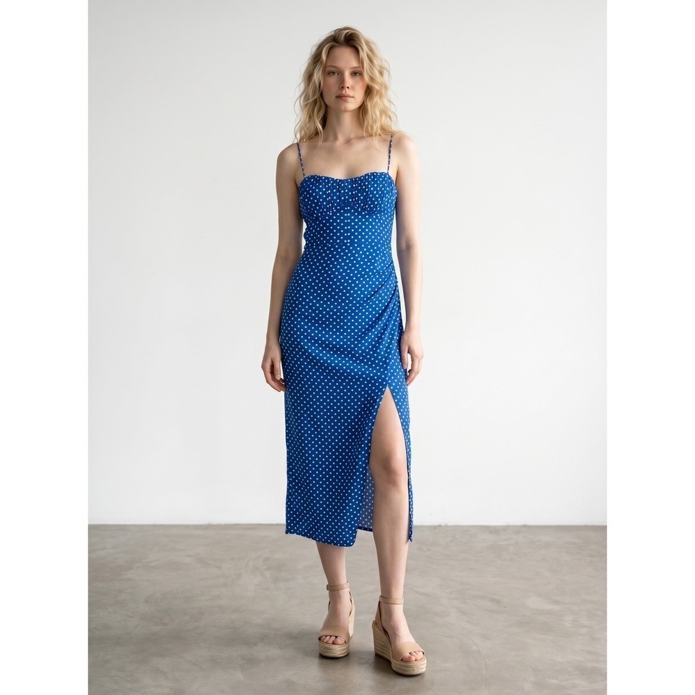 Zara Blue Polka Dot Linen Blend Midi Dress Sweetheart‎ Neckline Slit 55% Linen